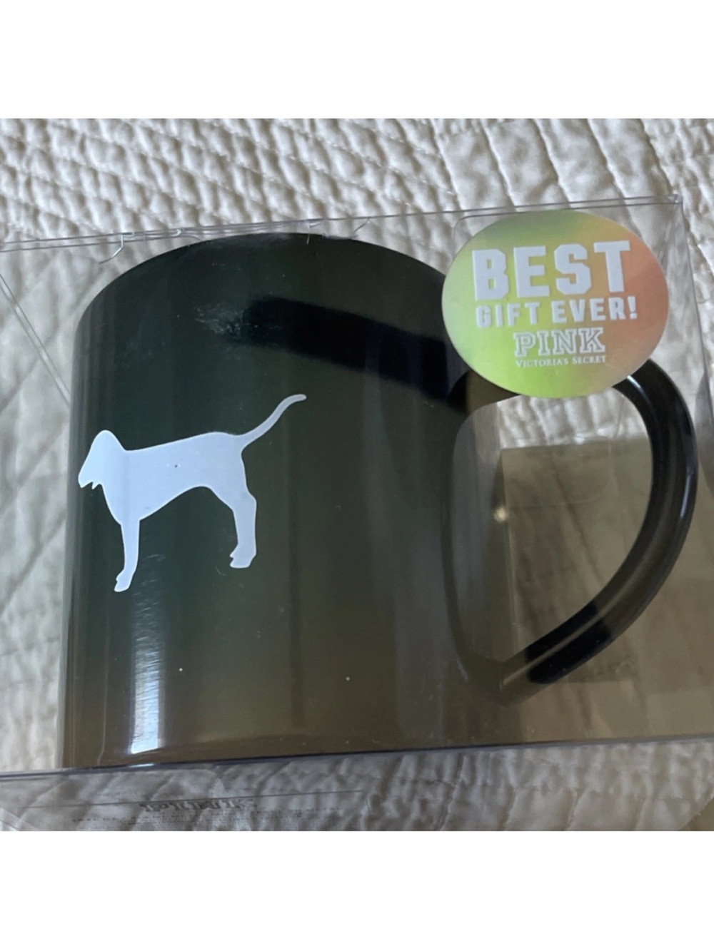 PINK Victoria’s Secret Stainless Steal Coffee Mug 11 oz Black/White Dog Logo NEW
